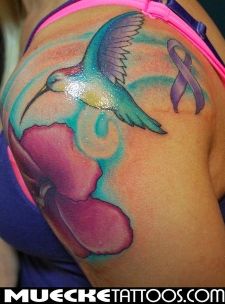 George Muecke - Hummingbird Cancer Ribbon Tattoo